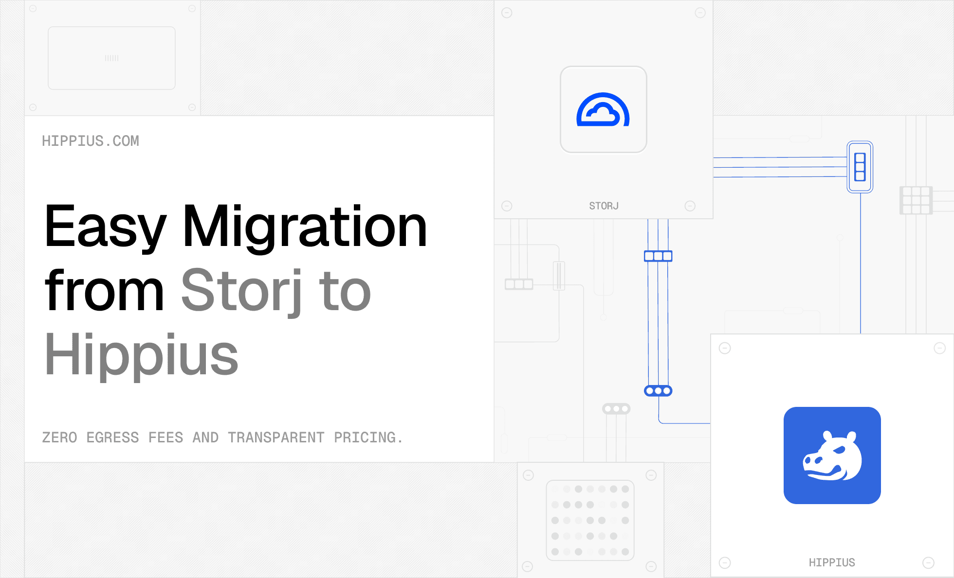 Header image for article about migrating from Storj to Hippius in just a few clicks with lower pricing.
