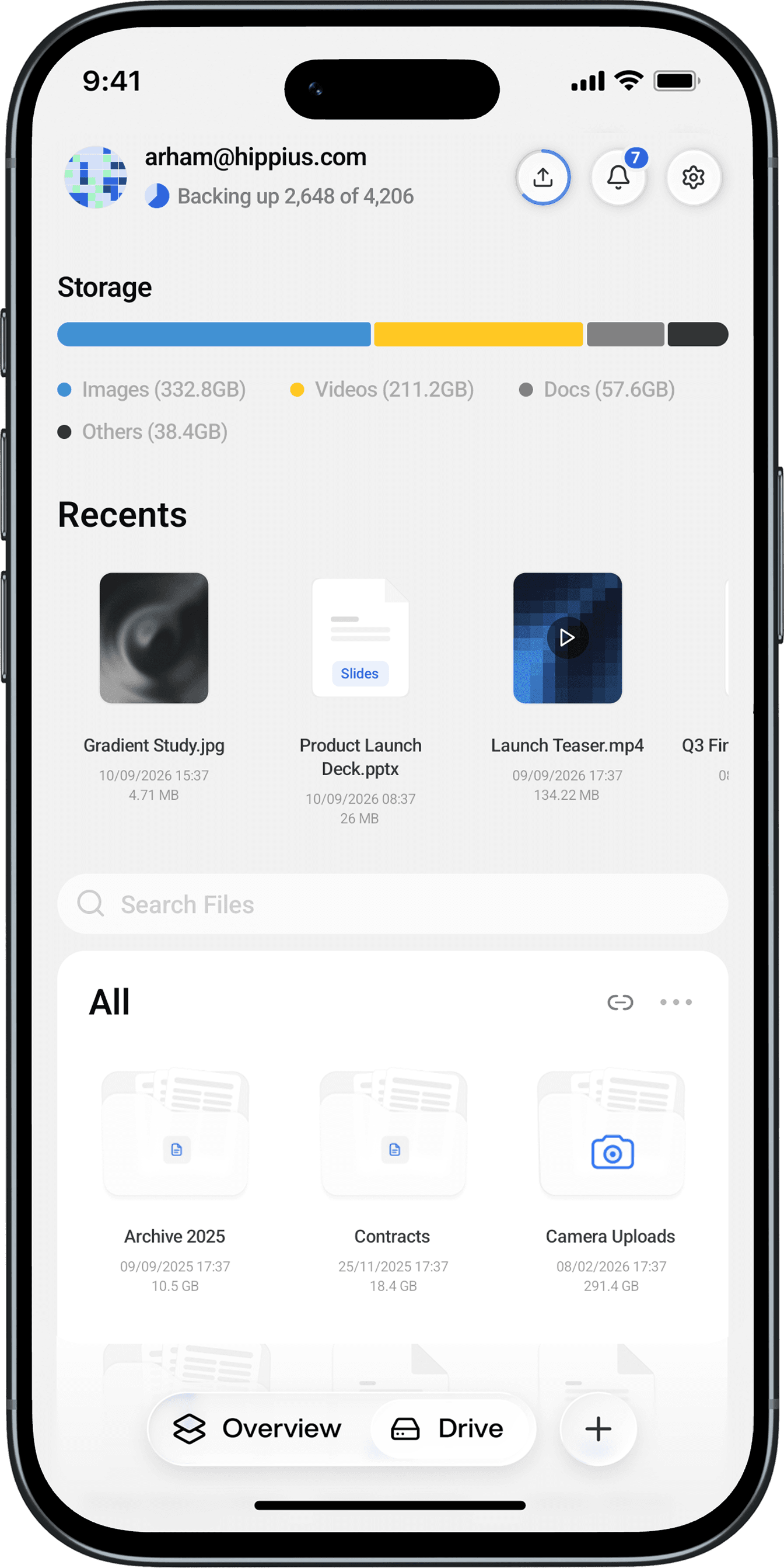 The Hippius mobile app showing a Drive of recent files