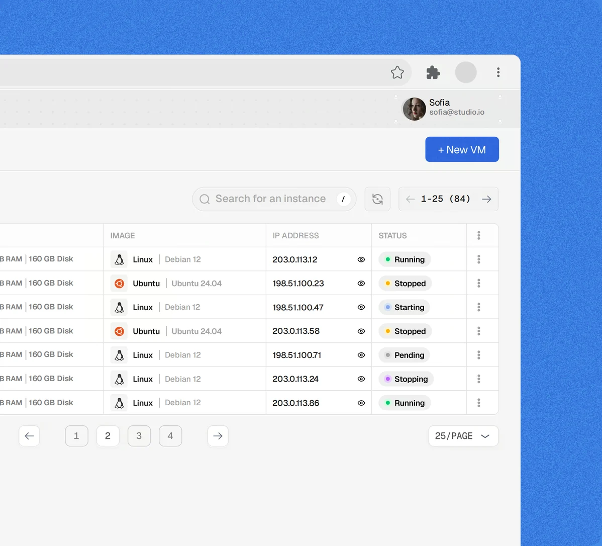 Hippius console listing confidential VMs and their status