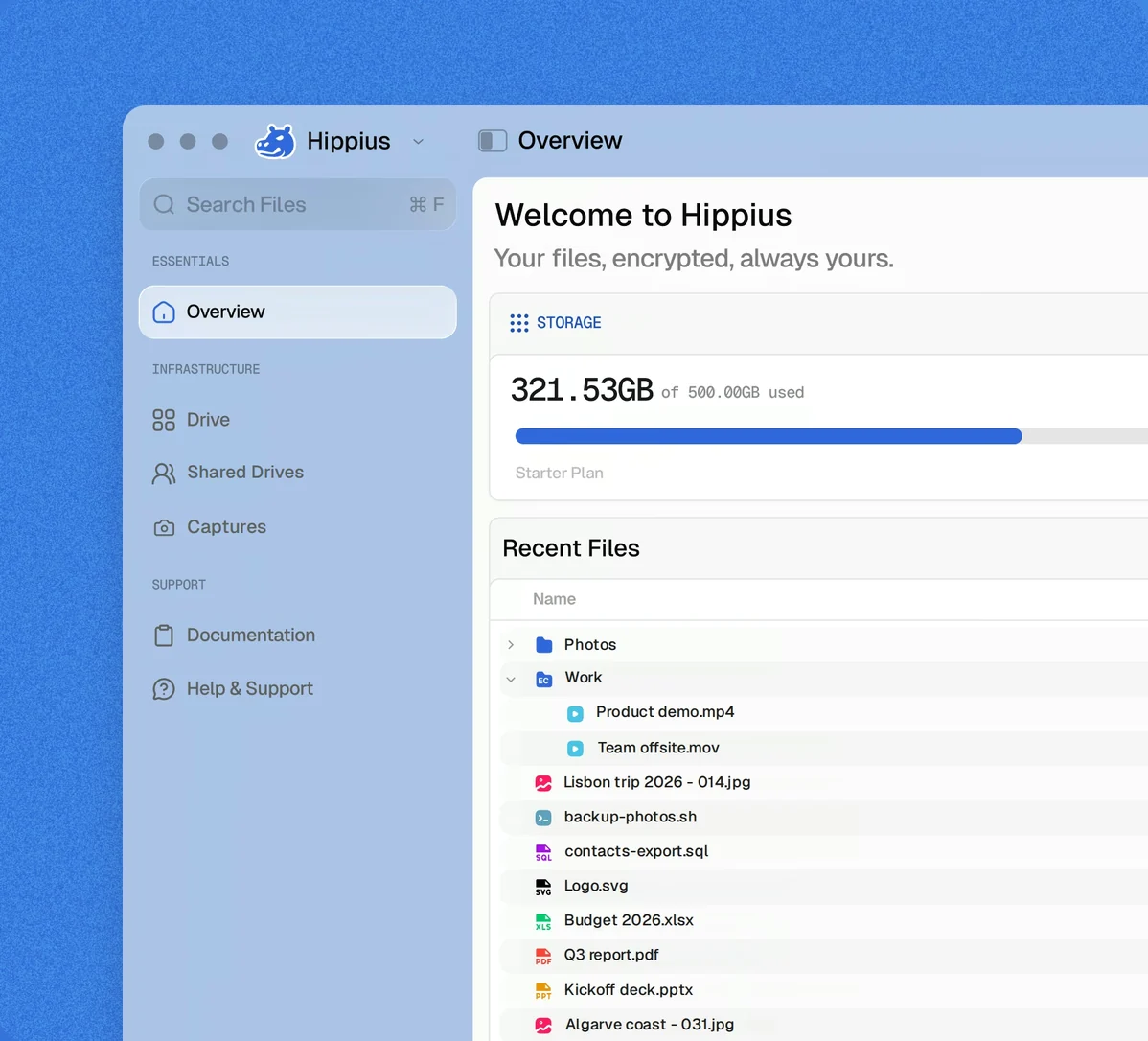 Hippius Drive desktop app showing storage usage and recent files