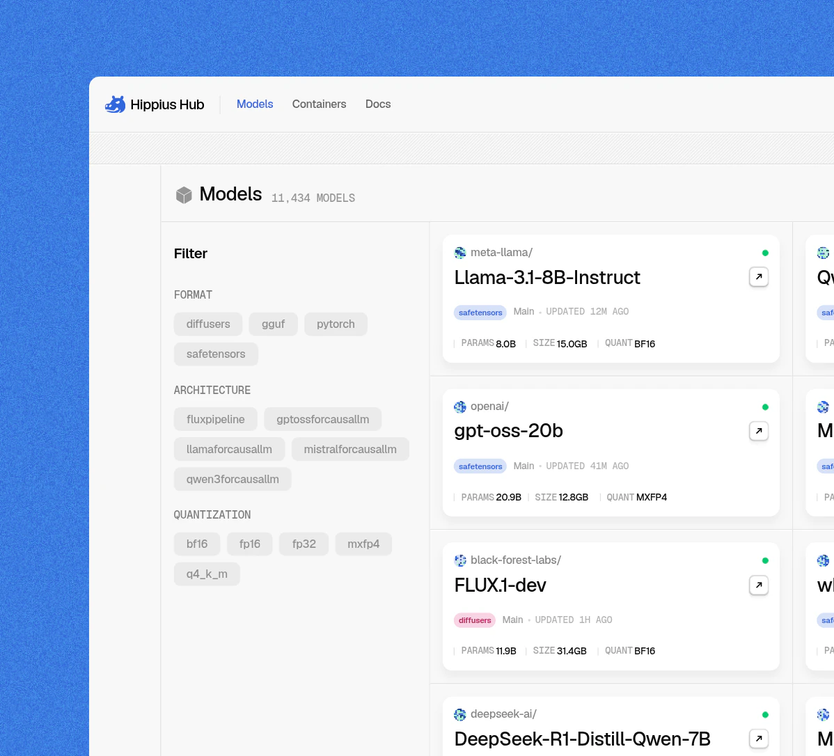 Hippius Hub’s Models page: filters by format, architecture and quantization beside Llama 3.1, gpt-oss and FLUX.1 model cards