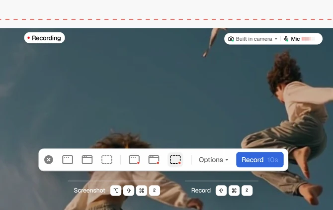 Die Aufnahmeleiste der Desktop-App über einem Bildschirm, der gerade aufgenommen wird, mit ihren Kurzbefehlen für Screenshot und Aufnahme