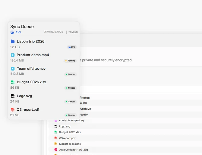 Die Synchronisierungswarteschlange der Desktop-App, die Ordner von einem Computer hochlädt, mit dem Fortschritt jeder Datei