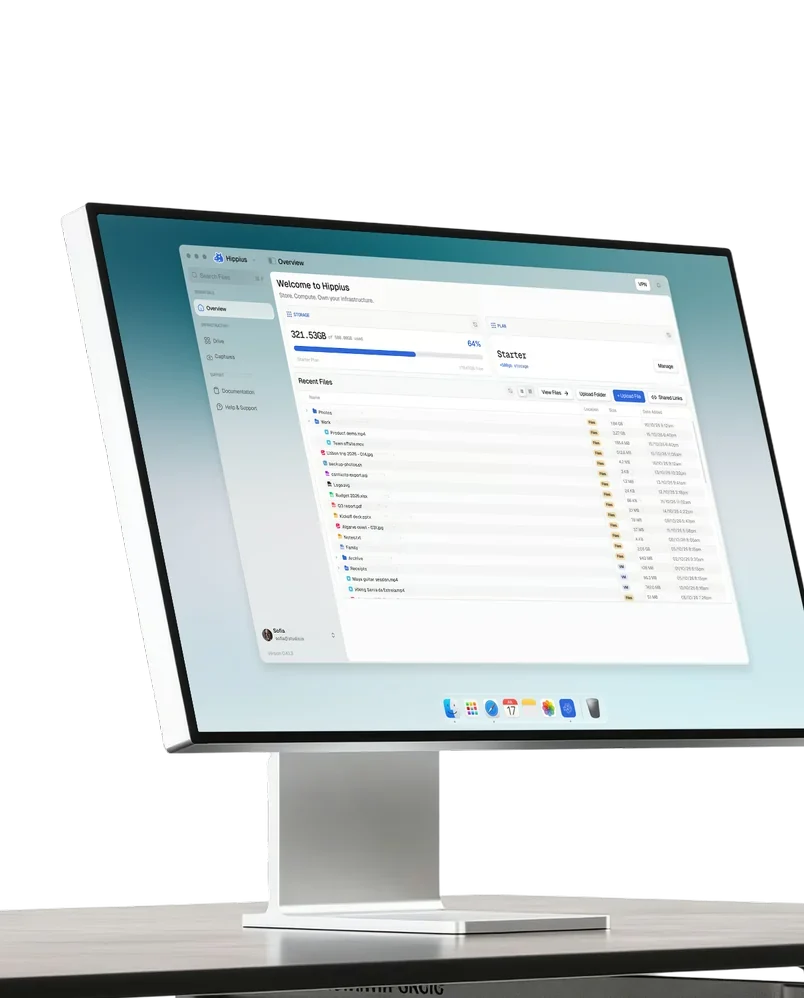 Die Hippius-Desktop-App auf einem Monitor mit belegtem Speicher, dem aktuellen Tarif und den letzten Dateien