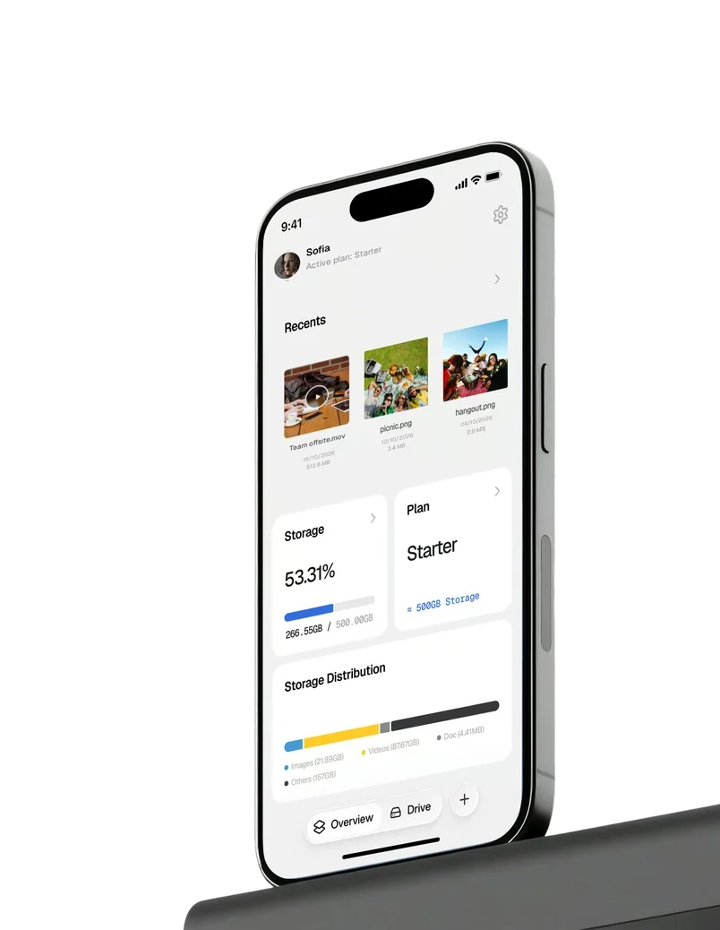 Die Hippius Mobile App auf einem Smartphone mit den letzten Dateien, belegtem Speicher und dem aktuellen Tarif