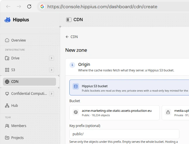 Die Konsole beim Anlegen einer CDN-Zone vor einem Hippius-S3-Bucket