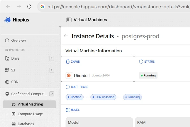 Die Detailseite der Konsole für eine laufende vertrauliche virtuelle Maschine