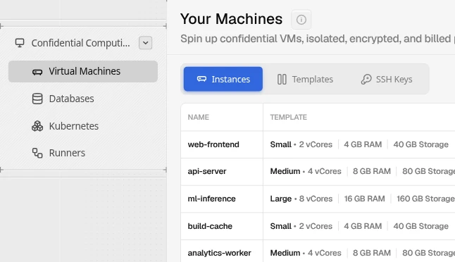 A página Your Machines do console, com Virtual Machines, Databases, Kubernetes e Runners abertos na barra lateral