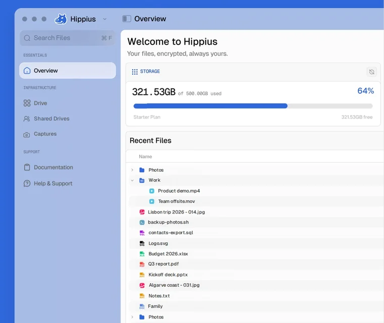 Aplicación de escritorio de Hippius Drive mostrando el almacenamiento usado, los tipos de archivo y los archivos recientes