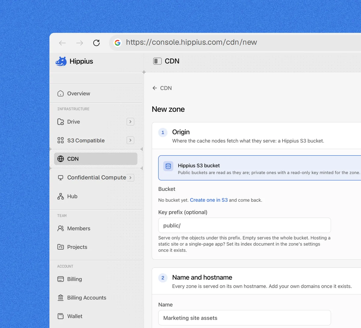 Hippius-Konsole beim Anlegen einer CDN-Zone vor einem S3-Bucket
