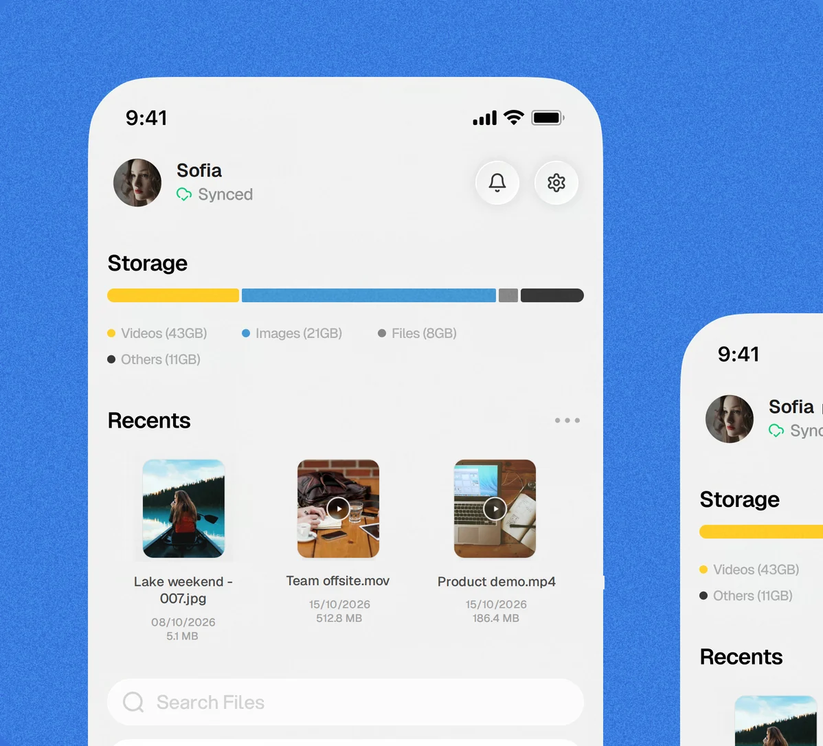 Mobile App von Hippius Drive mit Speicher nach Dateityp und zuletzt verwendeten Dateien