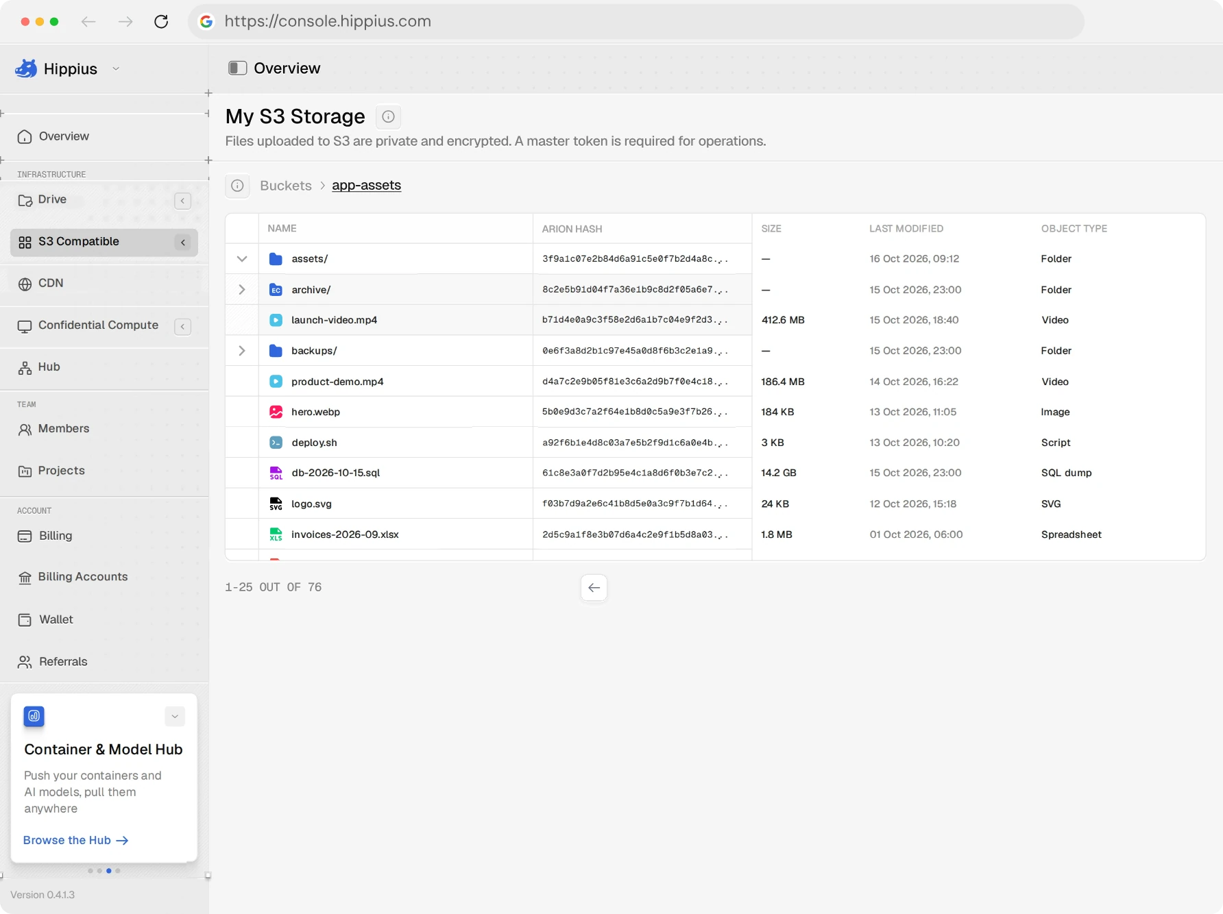 Dashboard von Hippius S3 Compatible Storage