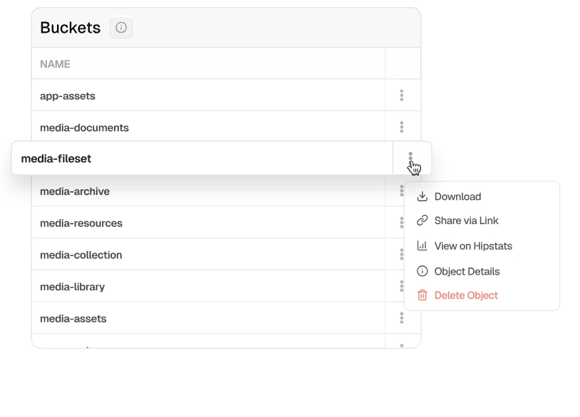 S3-Bucket-Liste in der Speicherkonsole von Hippius