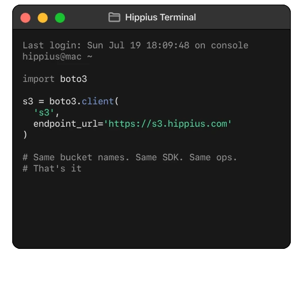 Terminal, konfiguriert für den S3-Endpunkt von Hippius