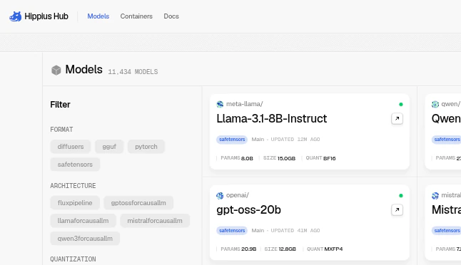 Hippius Hub’s Models page, with Llama 3.1 and Qwen3.8 at the top of the listing