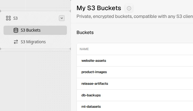 The console’s S3 Buckets page, with S3 Buckets and S3 Migrations open in the sidebar