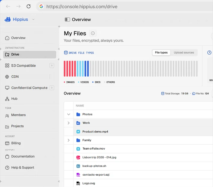 Hippius console in the browser showing Drive's file types, last uploads and files
