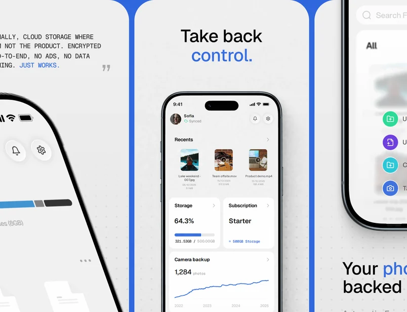 Hippius Drive mobile app screens: your files, recent uploads, storage and photo backup