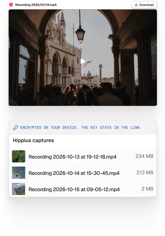 A screen recording open in Hippius Drive, over the Hippius captures list with three recordings