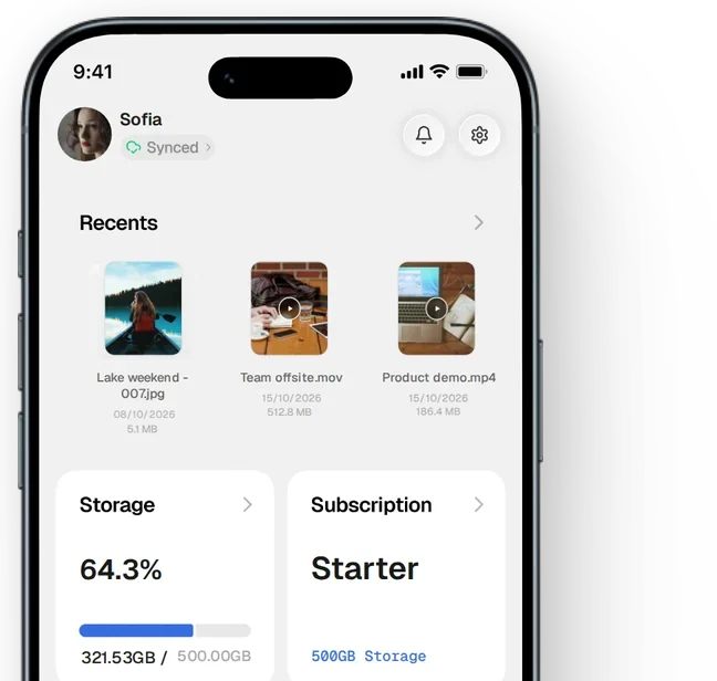 Hippius Drive on a phone, with recent uploads and storage used