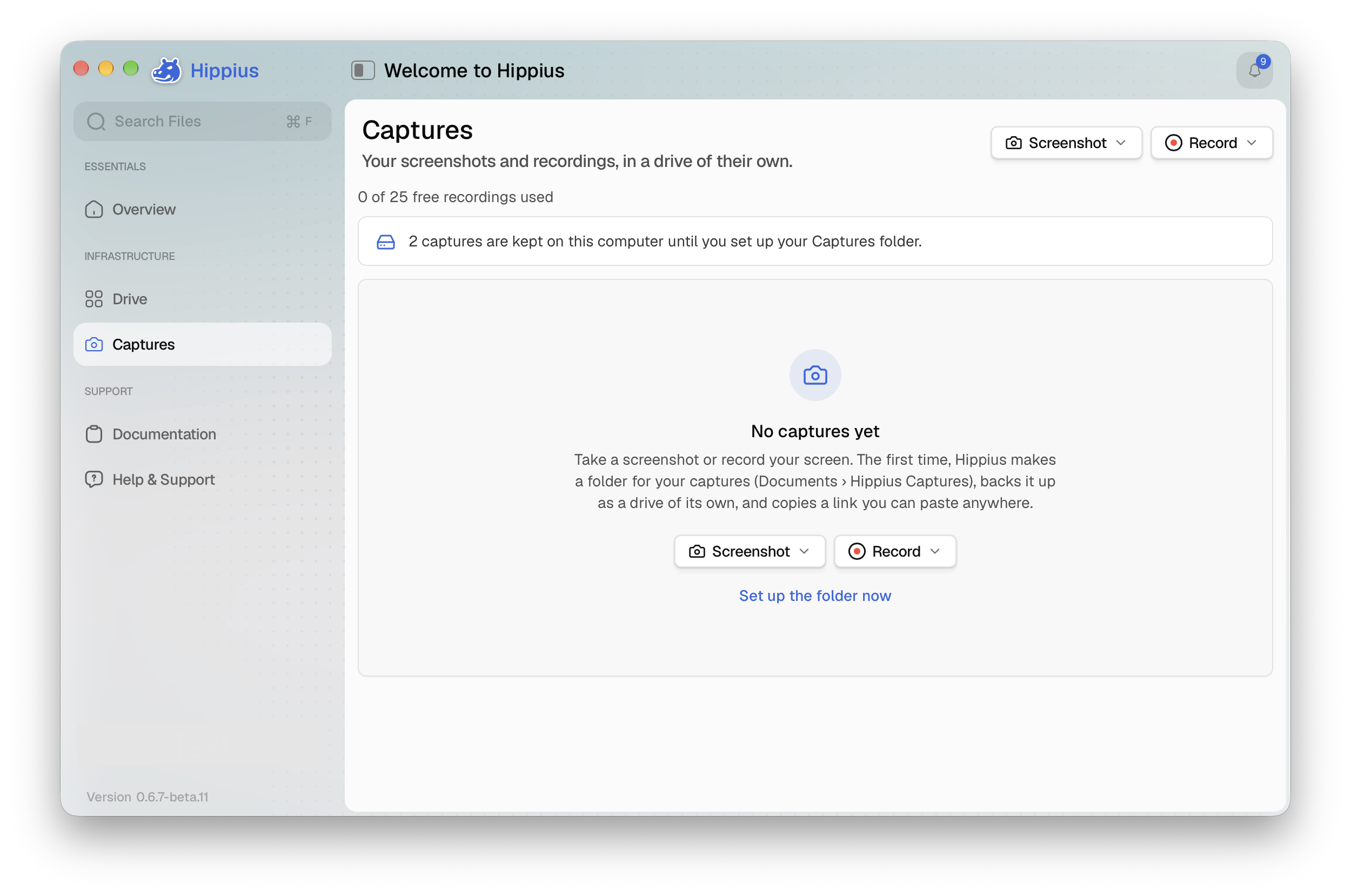Hippius desktop app Captures page with Screenshot and Record buttons for the encrypted screen recorder.