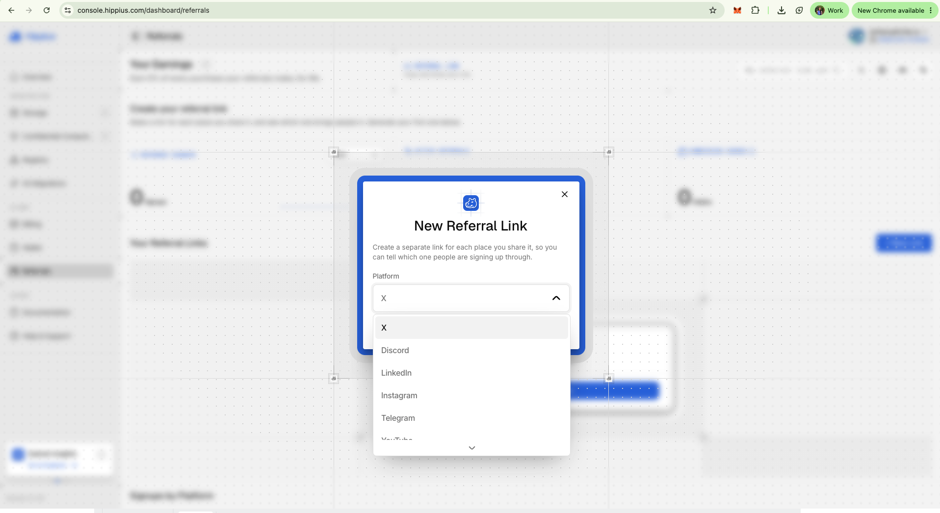 Hippius console New Referral Link modal with platform dropdown open, showing X, Discord, LinkedIn, and more.