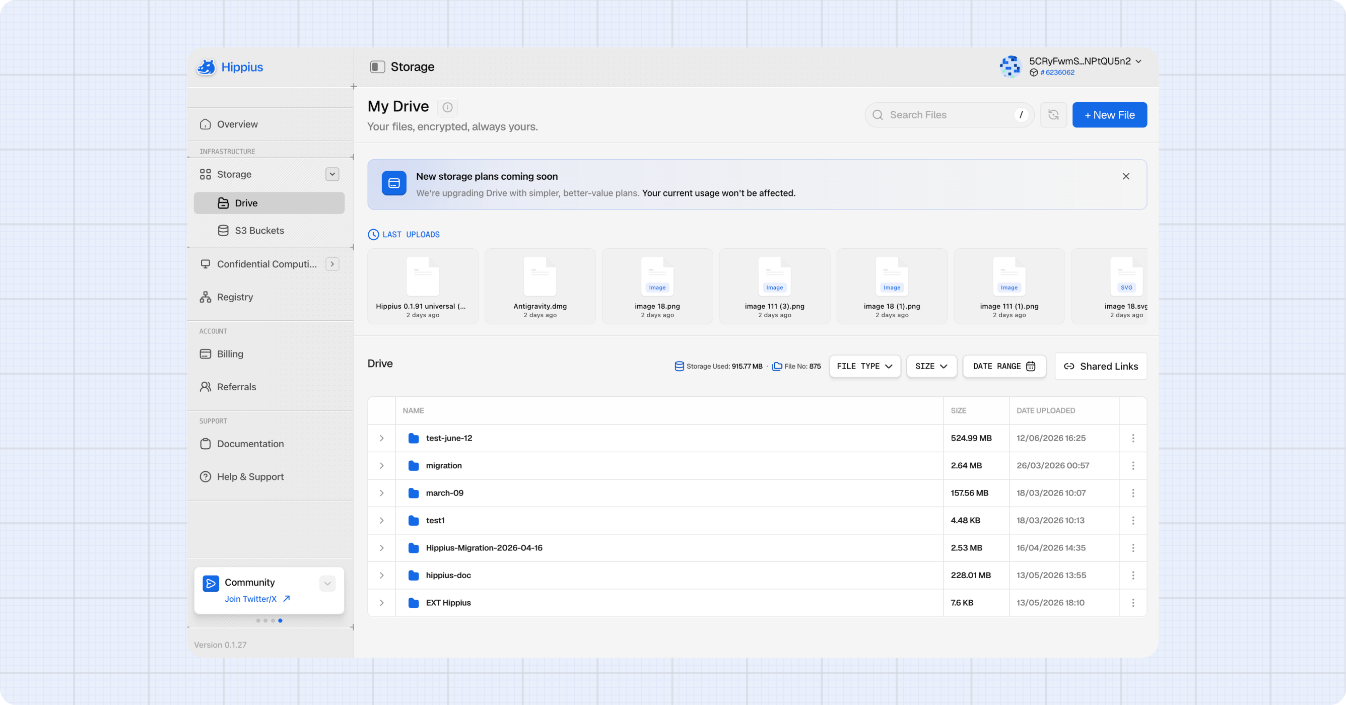 Hippius Drive dashboard showing recent uploads, folder list, and storage usage in the web console.
