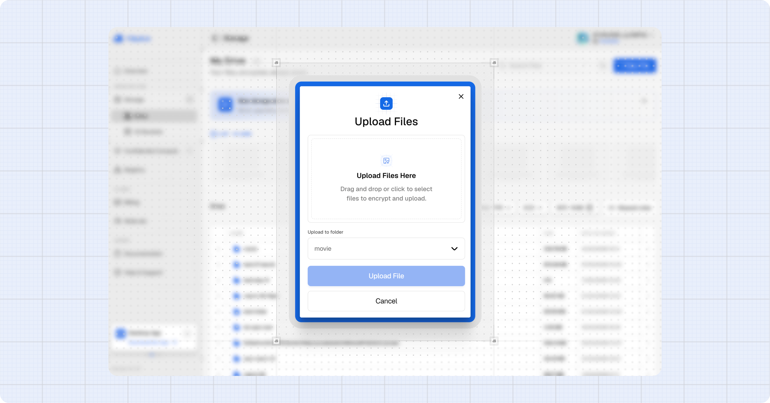 Hippius Drive upload dialog with drag-and-drop area and a folder selector for uploading files.