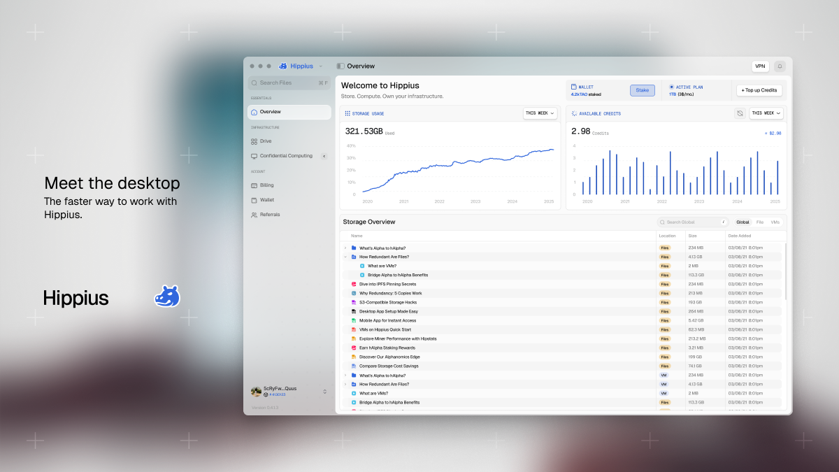 Hippius desktop app overview screen showing storage usage, wallet balance, and file list