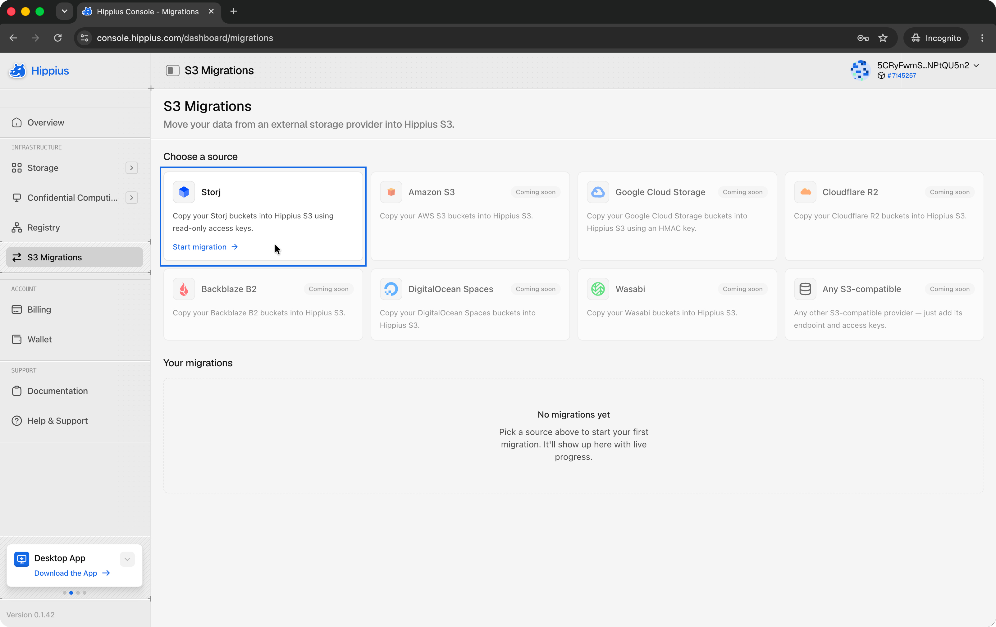 Hippius Console Migrations page with Storj highlighted as the selected source for migrating data into Hippius S3.