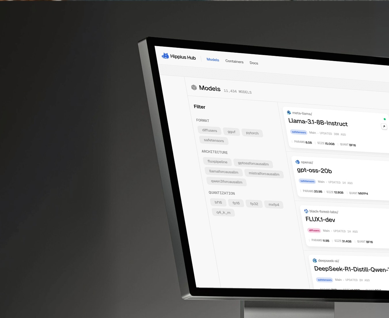 Hippius Hub’s Models page, listing Llama 3.1, gpt-oss and FLUX.1, on a desktop monitor