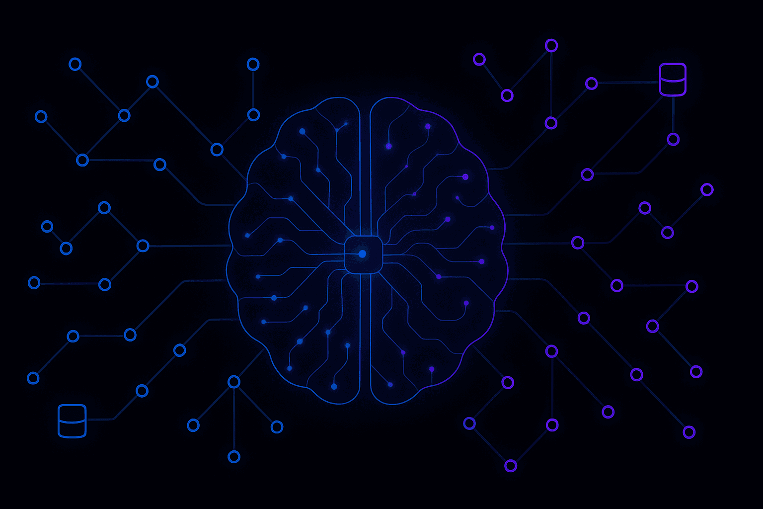 A circuit-board brain wired to storage nodes on a dark background.