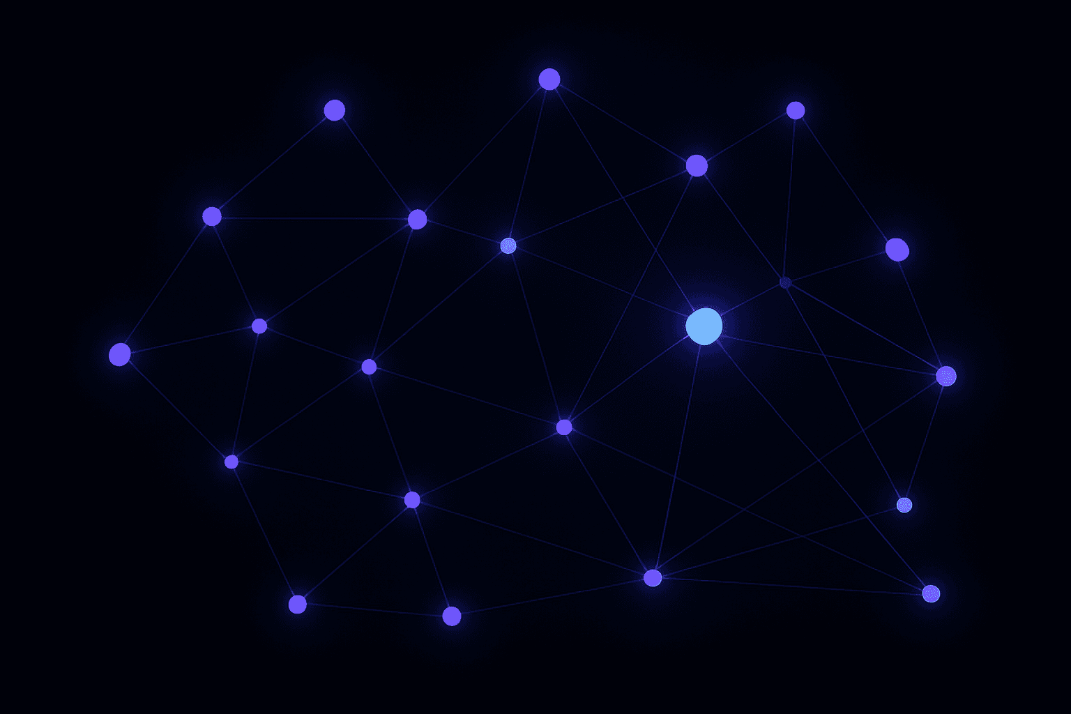Glowing blue and violet nodes linked into a network on a dark background.