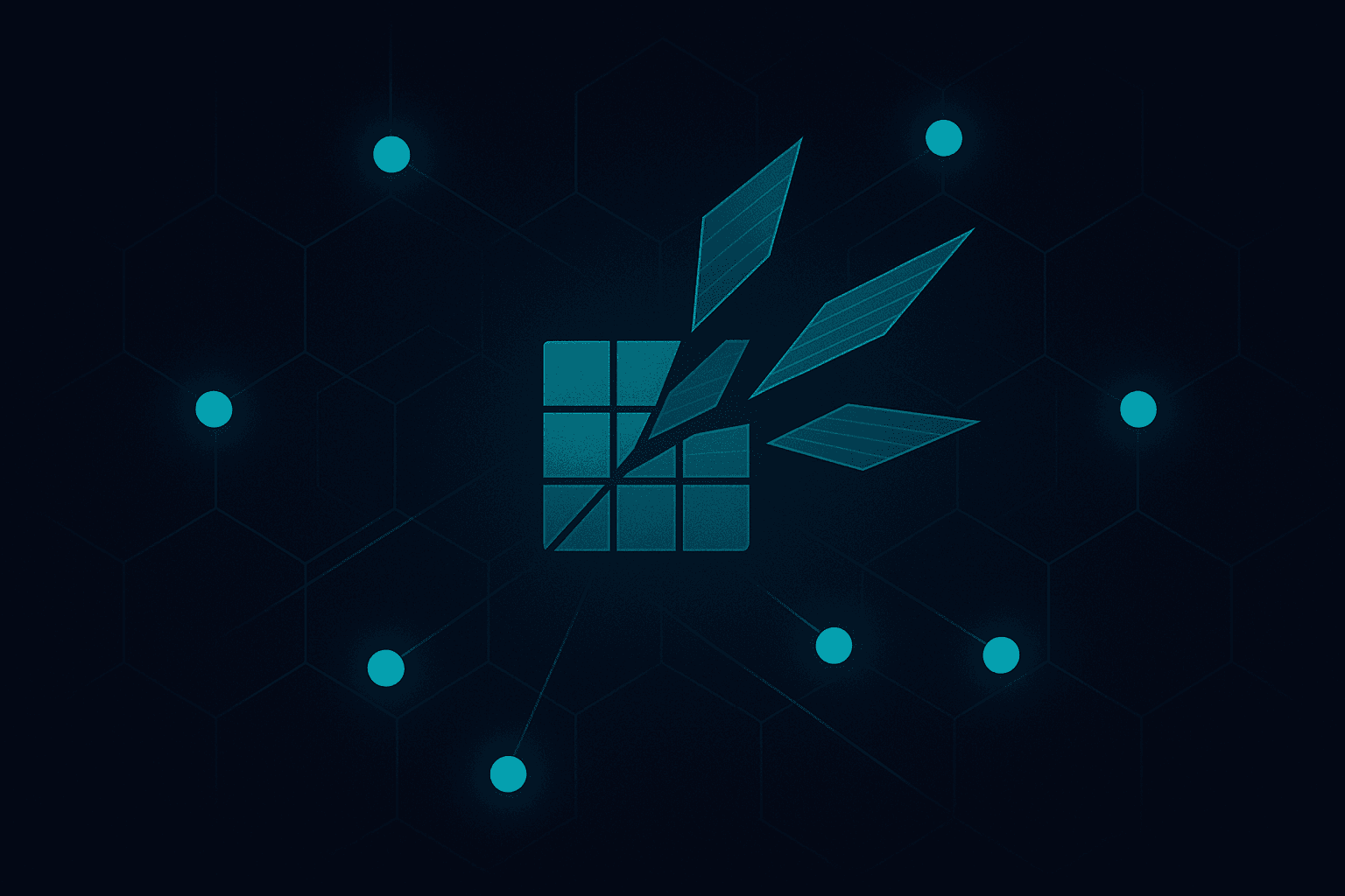 A grid of data blocks breaking into shards that spread to nodes across a network.
