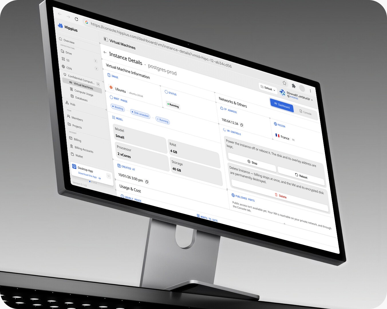Die Detailseite der Hippius-Konsole für eine laufende vertrauliche virtuelle Maschine auf einem Desktop-Monitor